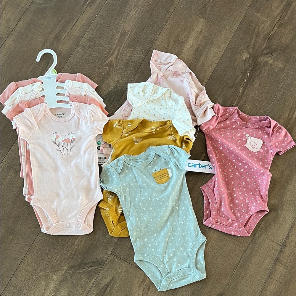 Carter's 3M Pink, Mustard, Light Blue Baby One-Piece Bodysuit Set of 10 3 months